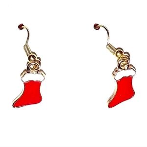 Holiday Christmas Red Stockings With White Trim Gold Plated Dangle Drop Earrings